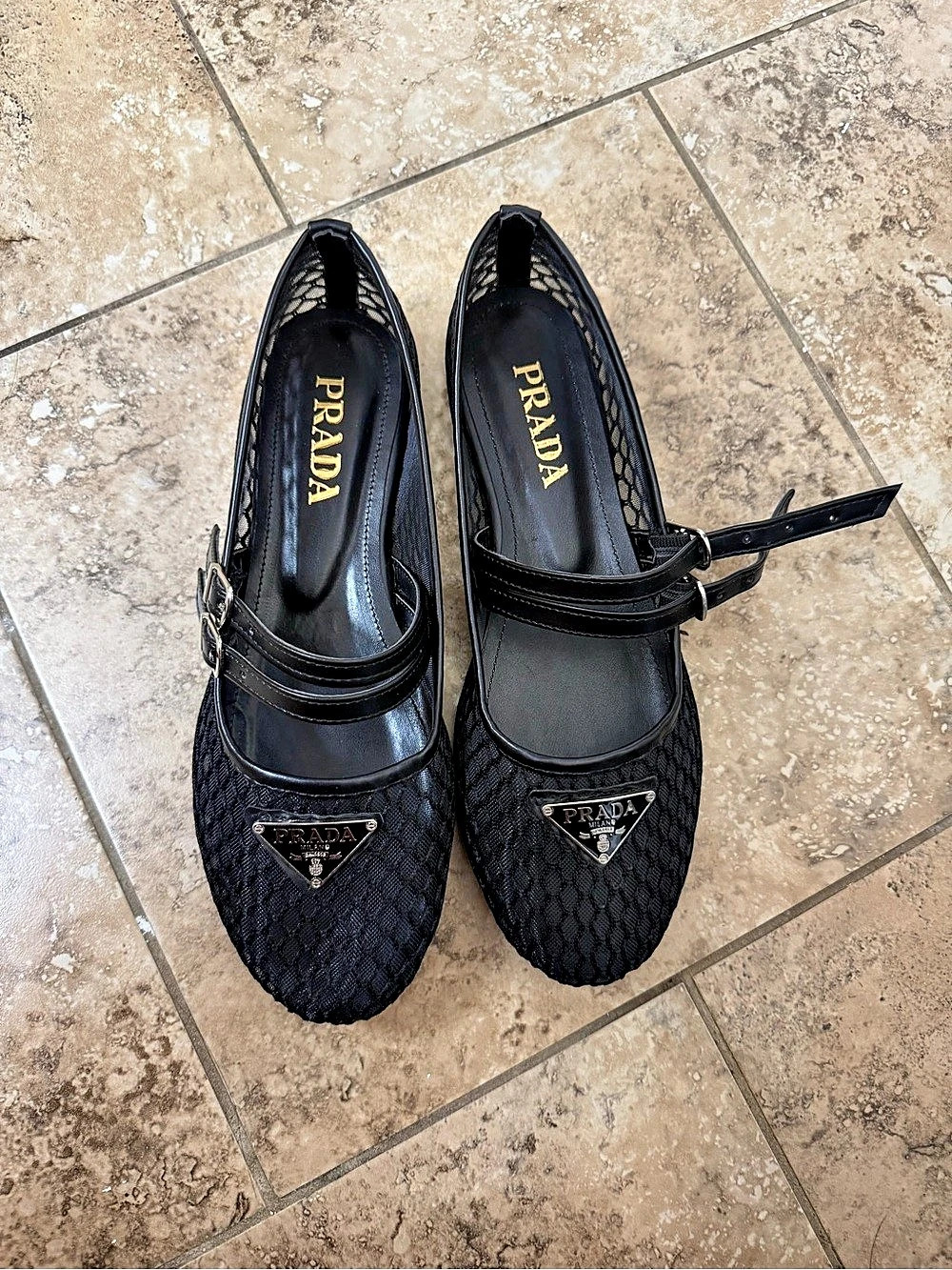 Prada Mesh Fabric Ballerinas Black Woven Mary Jane Flats EU 40